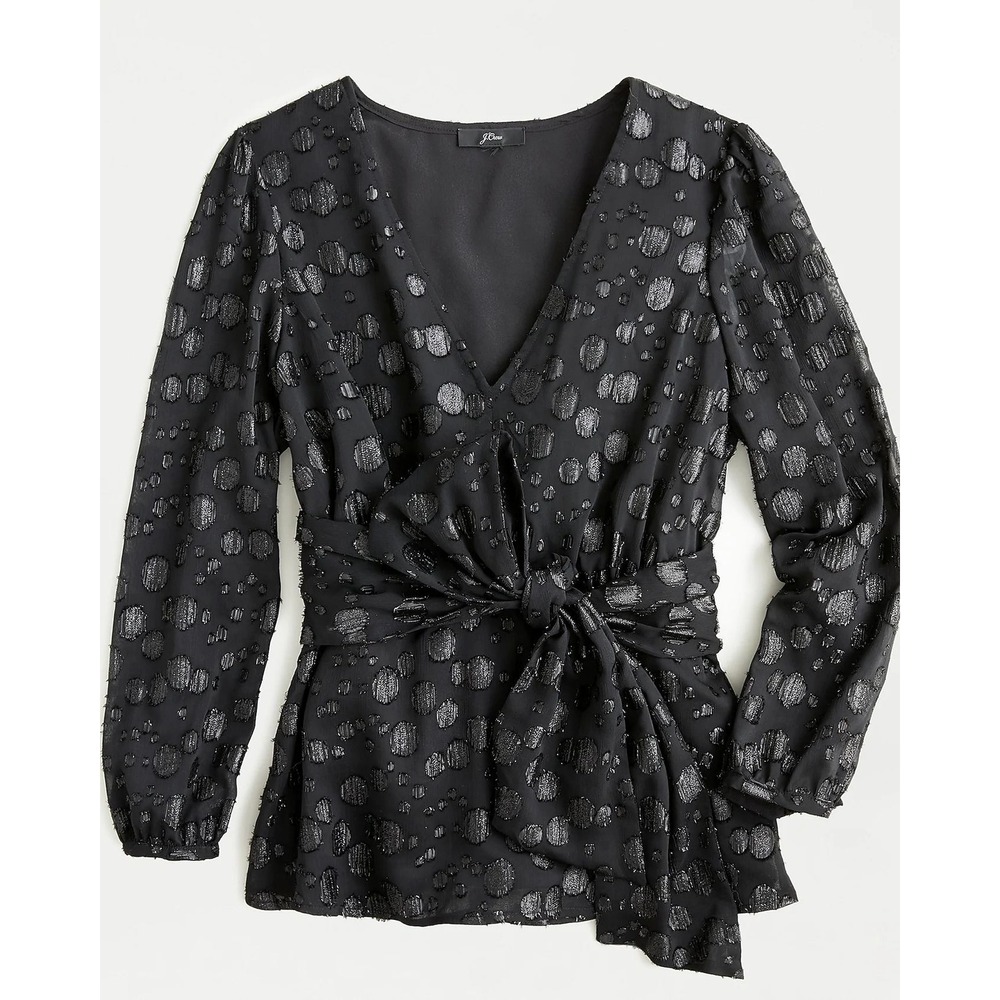 J. Crew Black Metallic Dot Jacquard Tie-Waist Top Size XS Holiday Glam NYE